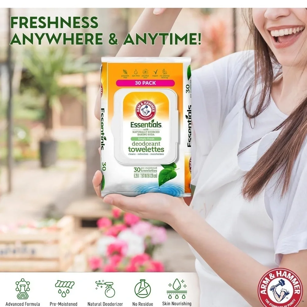 Pack 3 Arm & Hammer Essentials Towelettes Wipes Clear Water Simply Fre.